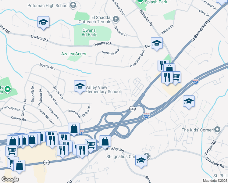 map of restaurants, bars, coffee shops, grocery stores, and more near 2260 Alice Avenue in Oxon Hill