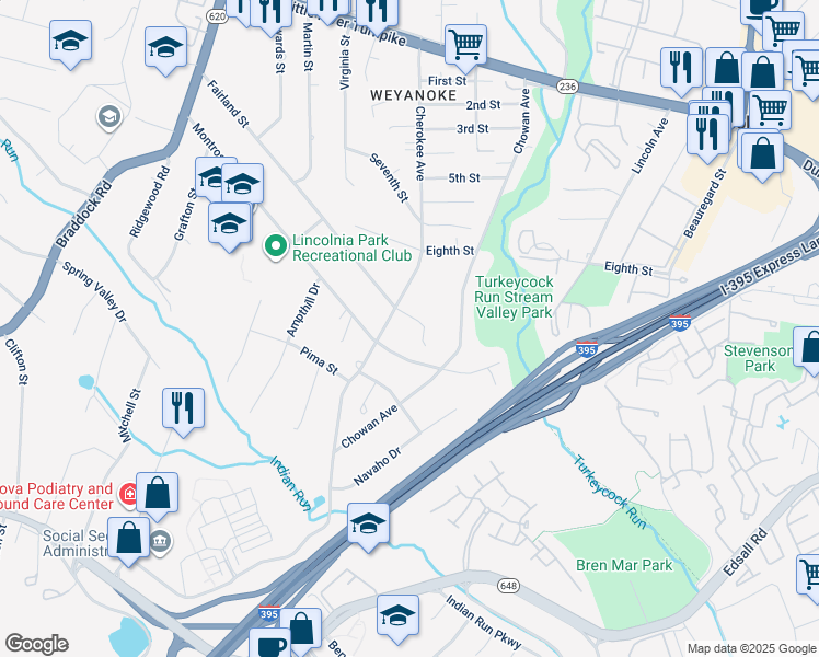 map of restaurants, bars, coffee shops, grocery stores, and more near 6409 Fairland Street in Alexandria