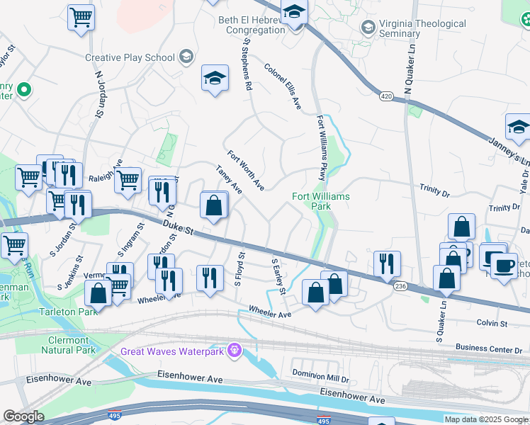 map of restaurants, bars, coffee shops, grocery stores, and more near 3911 Taney Avenue in Alexandria