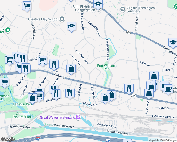 map of restaurants, bars, coffee shops, grocery stores, and more near 3911 Taney Avenue in Alexandria