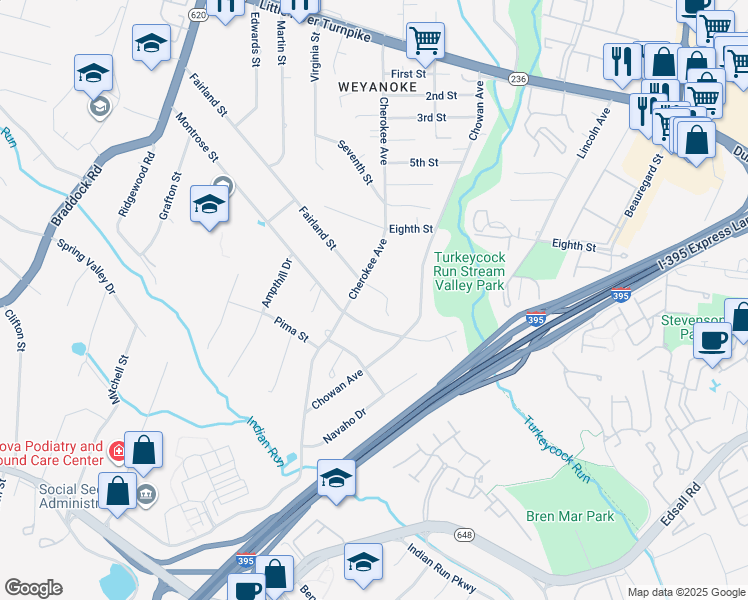 map of restaurants, bars, coffee shops, grocery stores, and more near 6409 Fairland Street in Alexandria