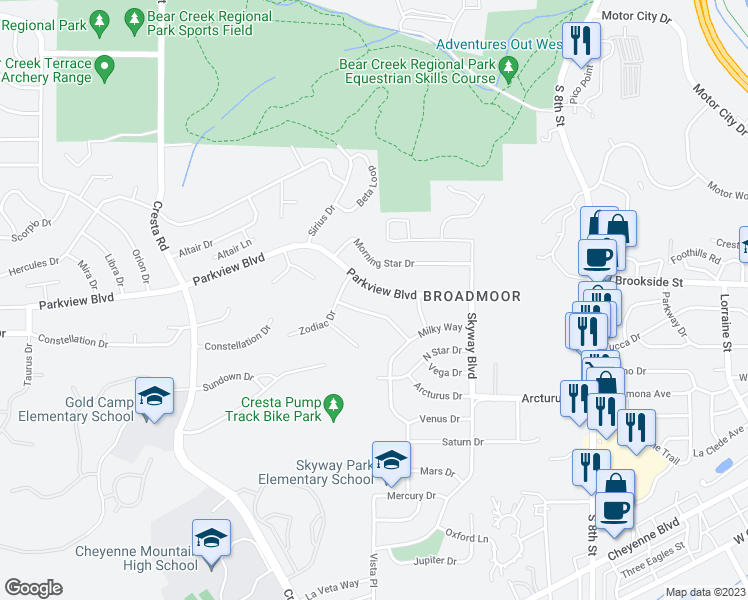 map of restaurants, bars, coffee shops, grocery stores, and more near 1112 Parkview Boulevard in Colorado Springs
