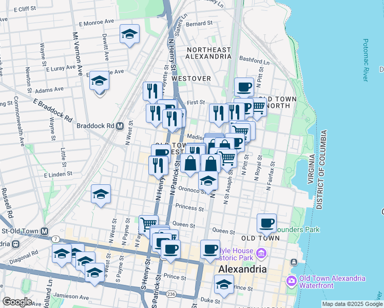 map of restaurants, bars, coffee shops, grocery stores, and more near 701 North Alfred Street in Alexandria
