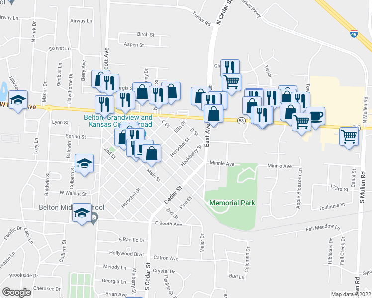 map of restaurants, bars, coffee shops, grocery stores, and more near 610 C Street in Belton