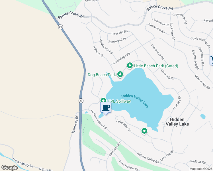 map of restaurants, bars, coffee shops, grocery stores, and more near 16955 Knollview Drive in Hidden Valley Lake