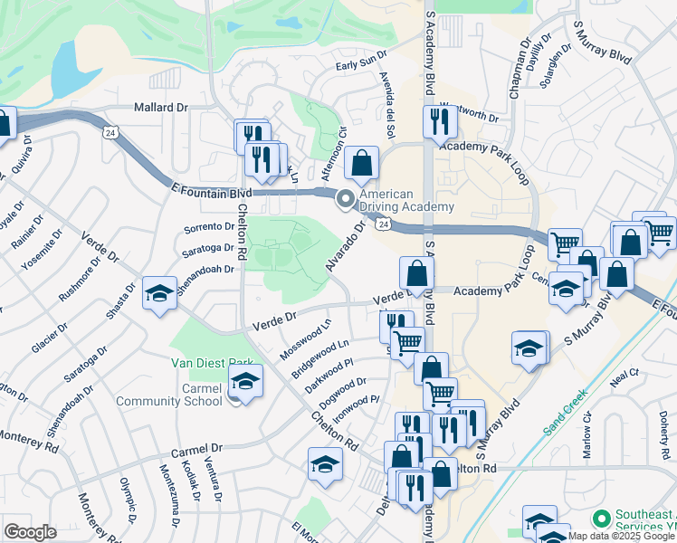 map of restaurants, bars, coffee shops, grocery stores, and more near 1425 Alvarado Drive in Colorado Springs