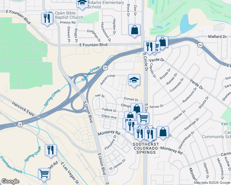 map of restaurants, bars, coffee shops, grocery stores, and more near 1397 Celtic Street in Colorado Springs