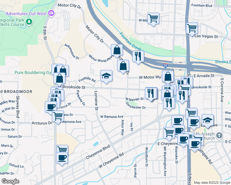 map of restaurants, bars, coffee shops, grocery stores, and more near 207 West Brookside Street in Colorado Springs