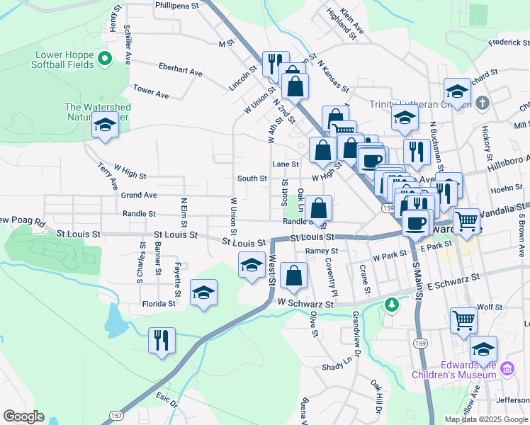 map of restaurants, bars, coffee shops, grocery stores, and more near 428 West 4th Street in Edwardsville