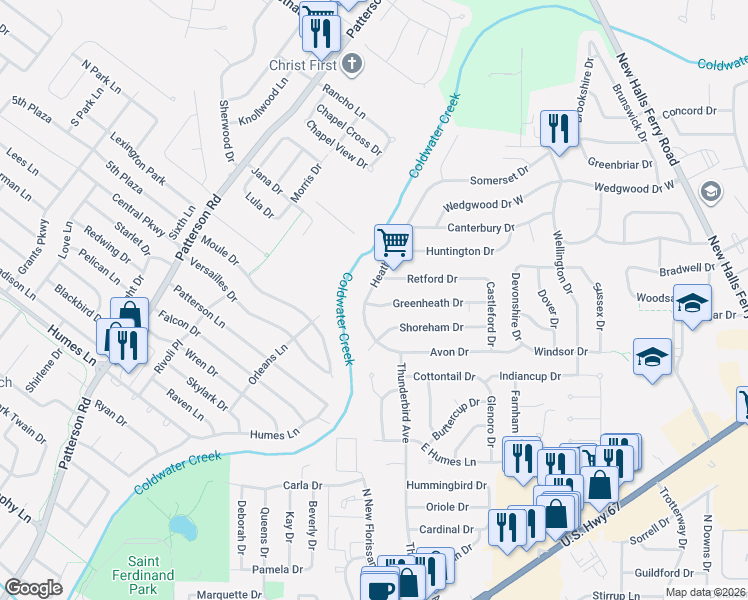 map of restaurants, bars, coffee shops, grocery stores, and more near 2910 Heatherton Drive in Florissant