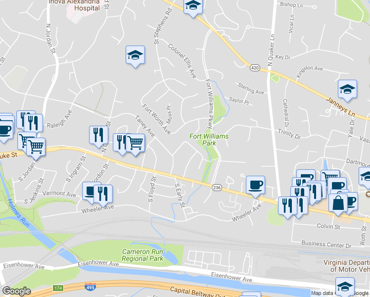 map of restaurants, bars, coffee shops, grocery stores, and more near 141 North Early Street in Alexandria