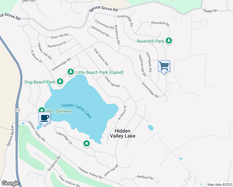 map of restaurants, bars, coffee shops, grocery stores, and more near 18896 North Shore Drive in Hidden Valley Lake