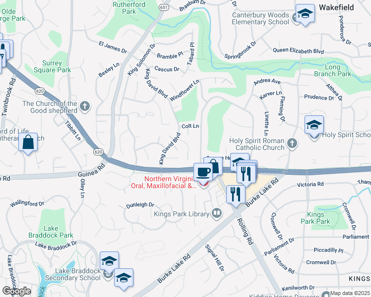 map of restaurants, bars, coffee shops, grocery stores, and more near 9111 Meadow Rue Lane in Annandale