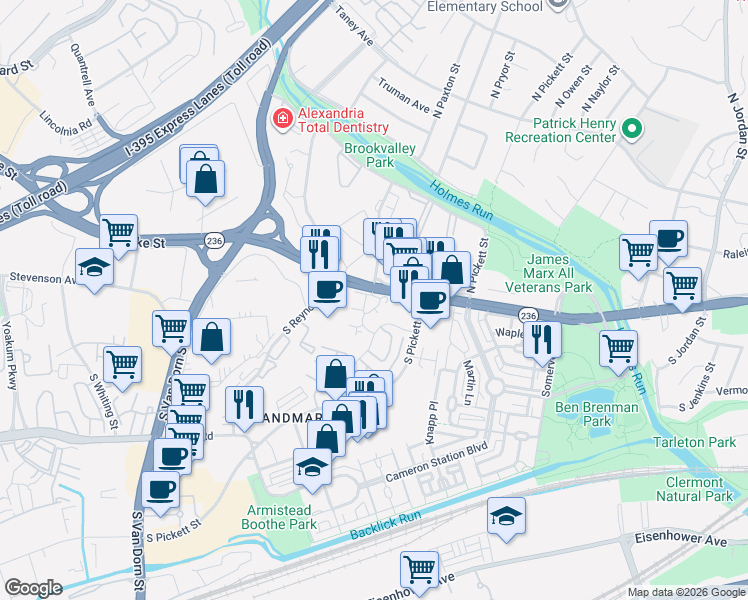 map of restaurants, bars, coffee shops, grocery stores, and more near 5250 Duke Street in Alexandria