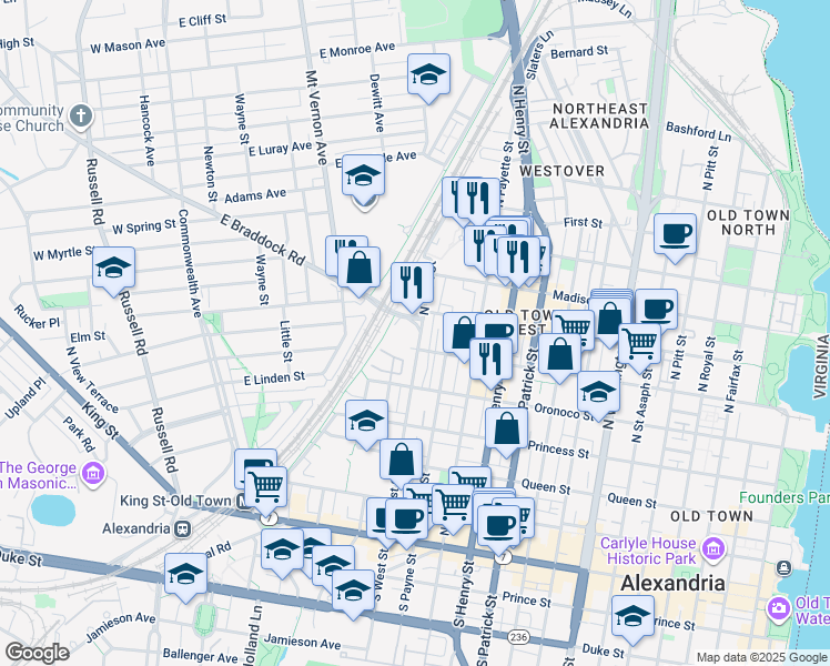 map of restaurants, bars, coffee shops, grocery stores, and more near 555 East Braddock Road in Alexandria