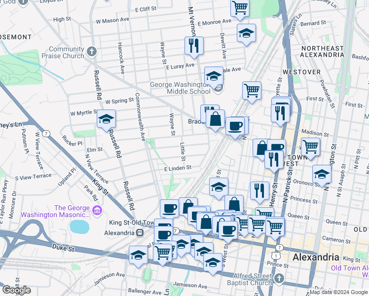 map of restaurants, bars, coffee shops, grocery stores, and more near 101 East Walnut Street in Alexandria