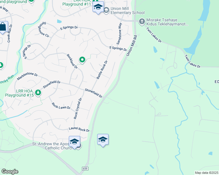 map of restaurants, bars, coffee shops, grocery stores, and more near 6417 Woodland Run Court in Clifton