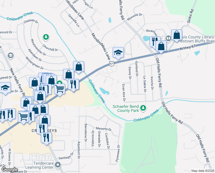 map of restaurants, bars, coffee shops, grocery stores, and more near 3612 Candlewyck Club Drive in Florissant