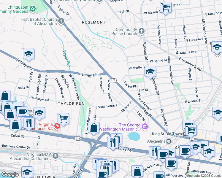map of restaurants, bars, coffee shops, grocery stores, and more near 708 Braxton Place in Alexandria