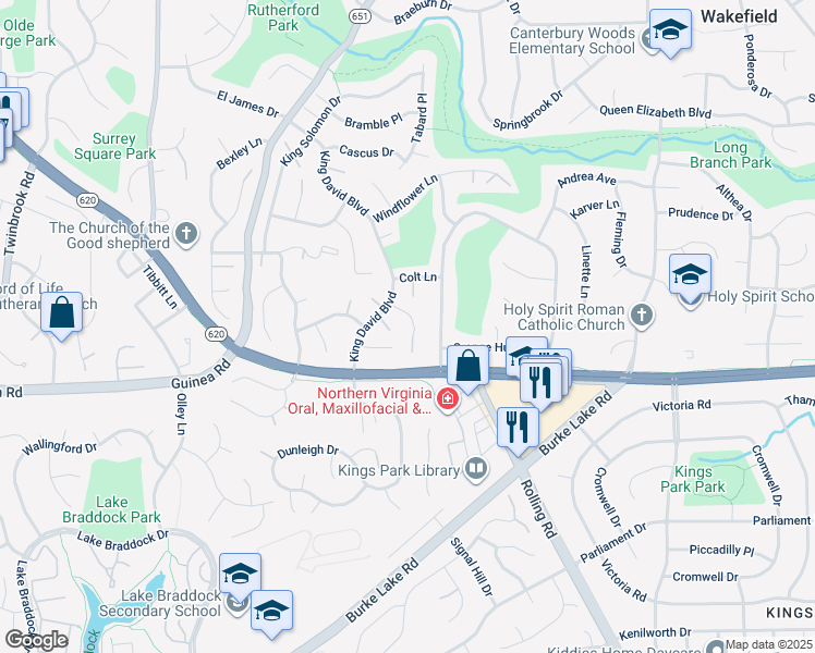 map of restaurants, bars, coffee shops, grocery stores, and more near 9111 Meadow Rue Lane in Annandale