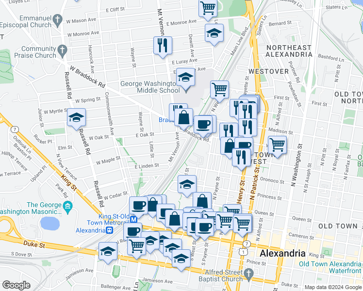 map of restaurants, bars, coffee shops, grocery stores, and more near 423 Mount Vernon Avenue in Alexandria