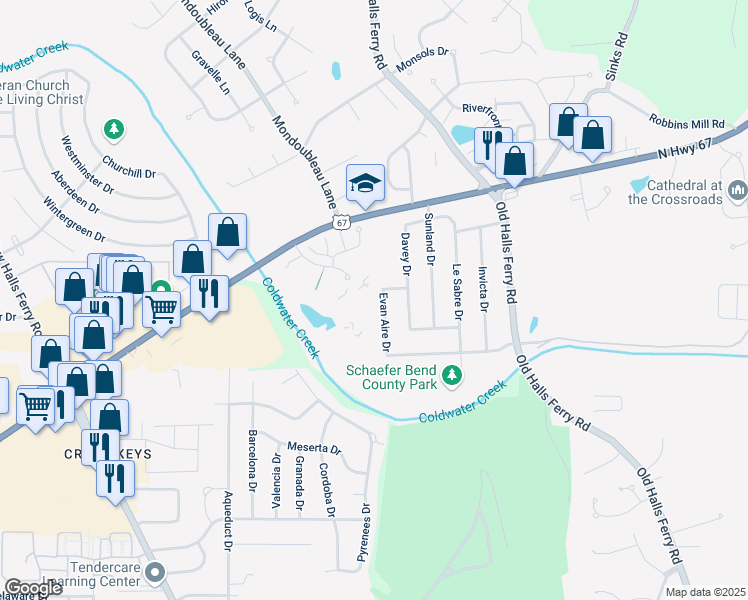 map of restaurants, bars, coffee shops, grocery stores, and more near 3702 Candlewyck Club Drive in Florissant