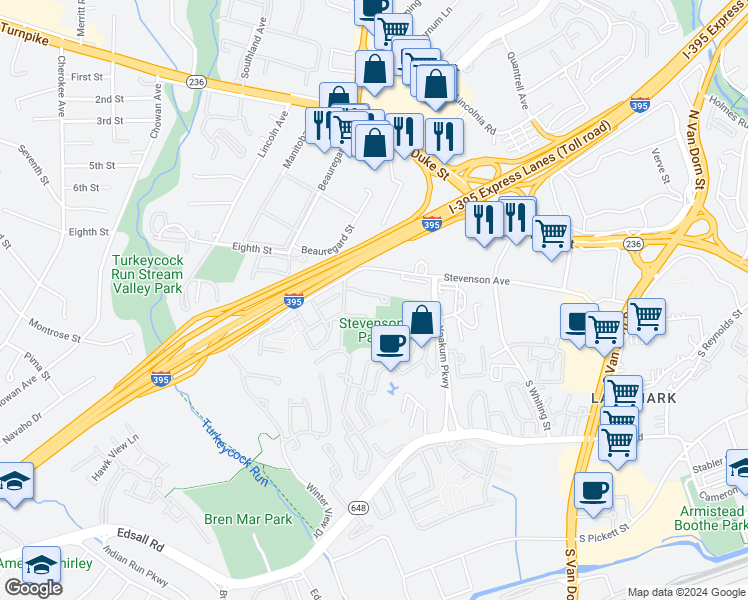 map of restaurants, bars, coffee shops, grocery stores, and more near 262 Stevenson Square in Alexandria