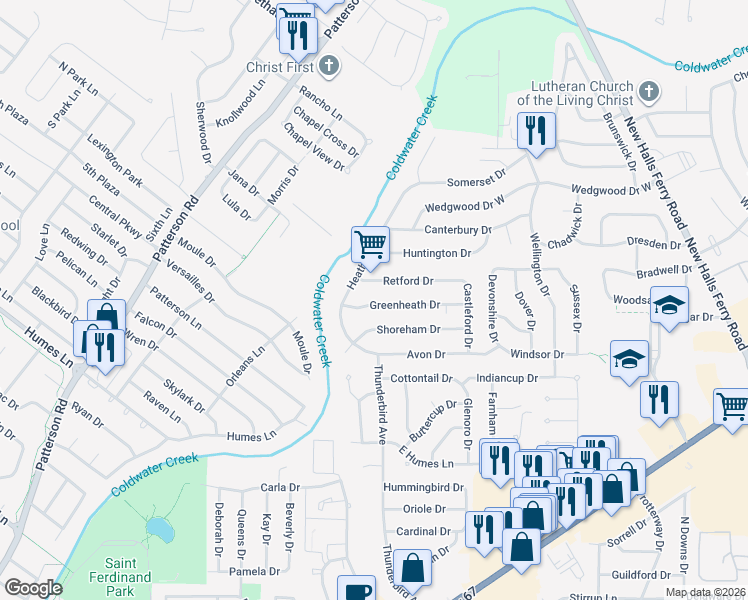 map of restaurants, bars, coffee shops, grocery stores, and more near 1983 Greenheath Drive in Florissant