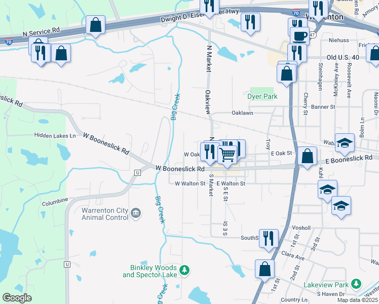 map of restaurants, bars, coffee shops, grocery stores, and more near 205 West Oak Street in Warrenton