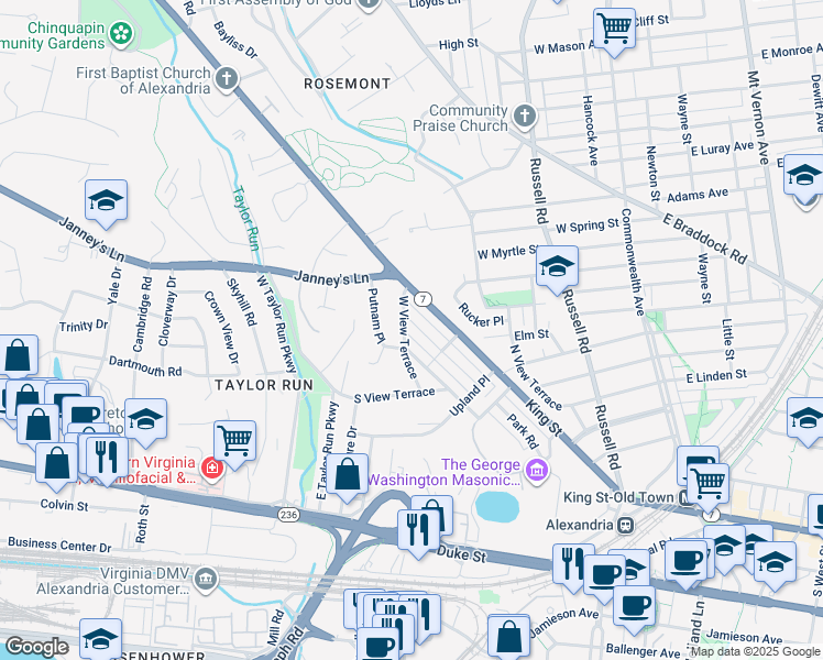 map of restaurants, bars, coffee shops, grocery stores, and more near 708 Braxton Place in Alexandria