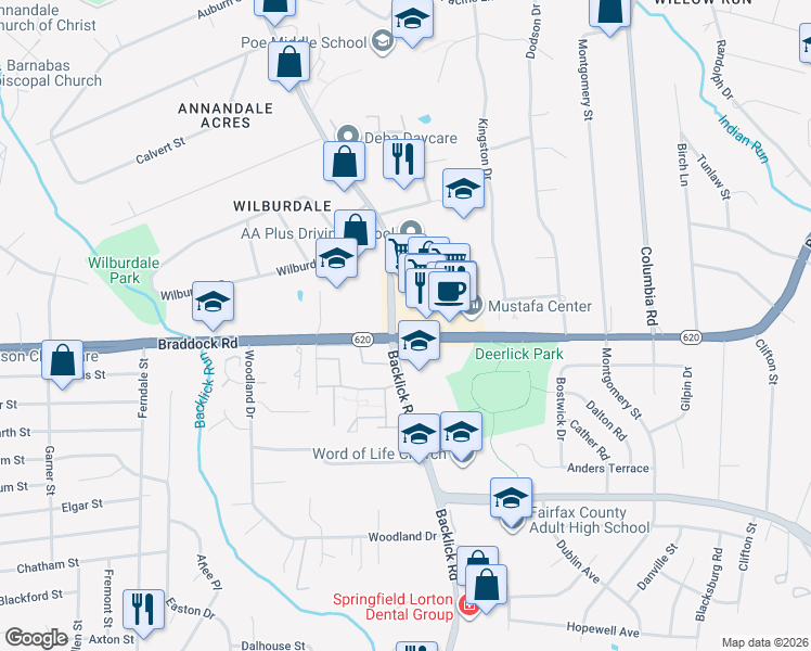 map of restaurants, bars, coffee shops, grocery stores, and more near 6950 Braddock Road in Annandale