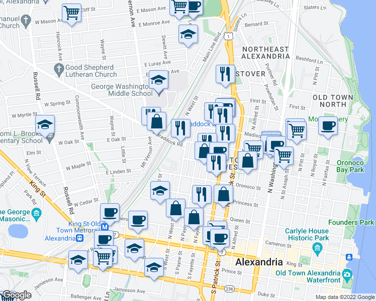 map of restaurants, bars, coffee shops, grocery stores, and more near 617 North West Street in Alexandria