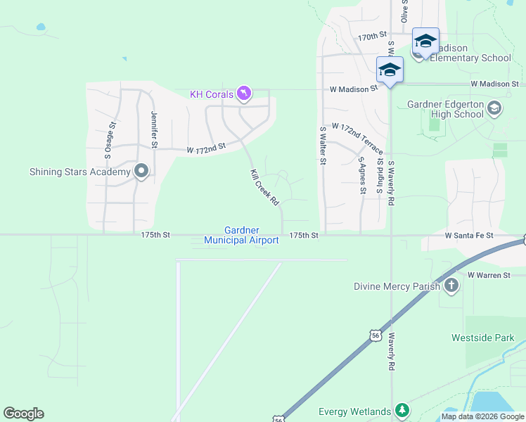 map of restaurants, bars, coffee shops, grocery stores, and more near 31672 West 174th Street in Gardner