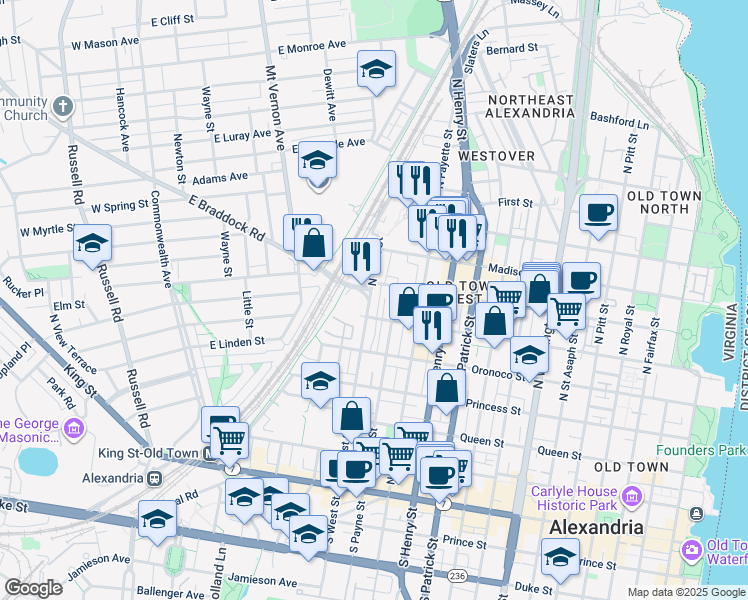 map of restaurants, bars, coffee shops, grocery stores, and more near 617 North West Street in Alexandria