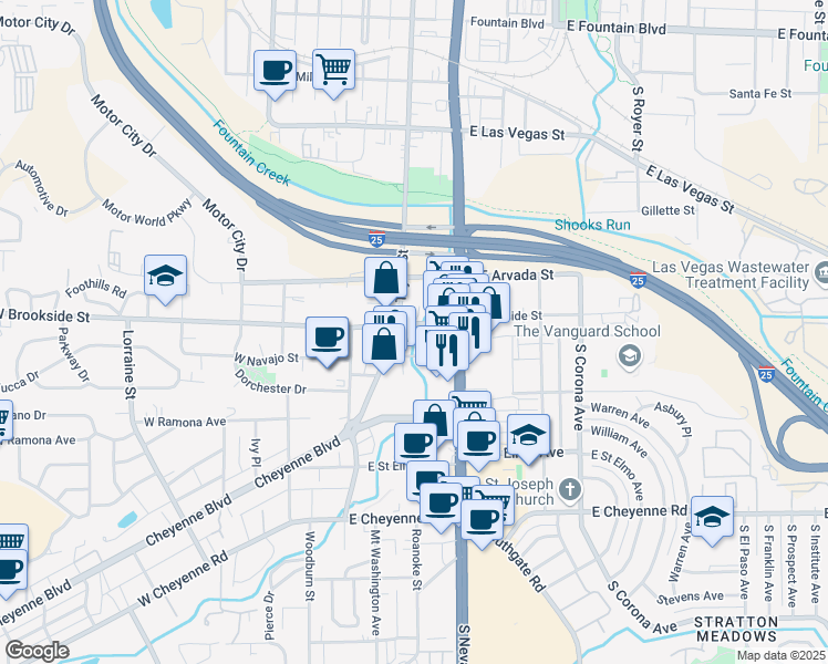 map of restaurants, bars, coffee shops, grocery stores, and more near 109 E Brookside St in Colorado Springs