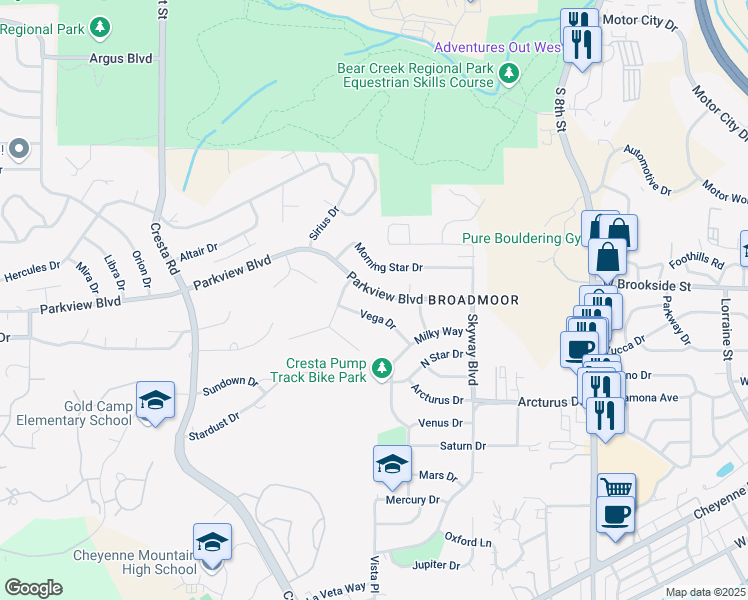 map of restaurants, bars, coffee shops, grocery stores, and more near 1112 Parkview Boulevard in Colorado Springs
