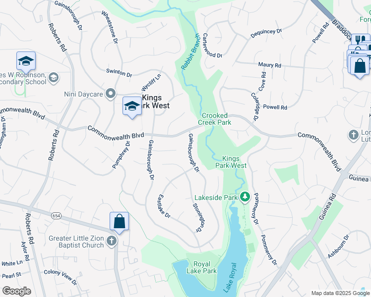 map of restaurants, bars, coffee shops, grocery stores, and more near 5419 Gainsborough Drive in Fairfax