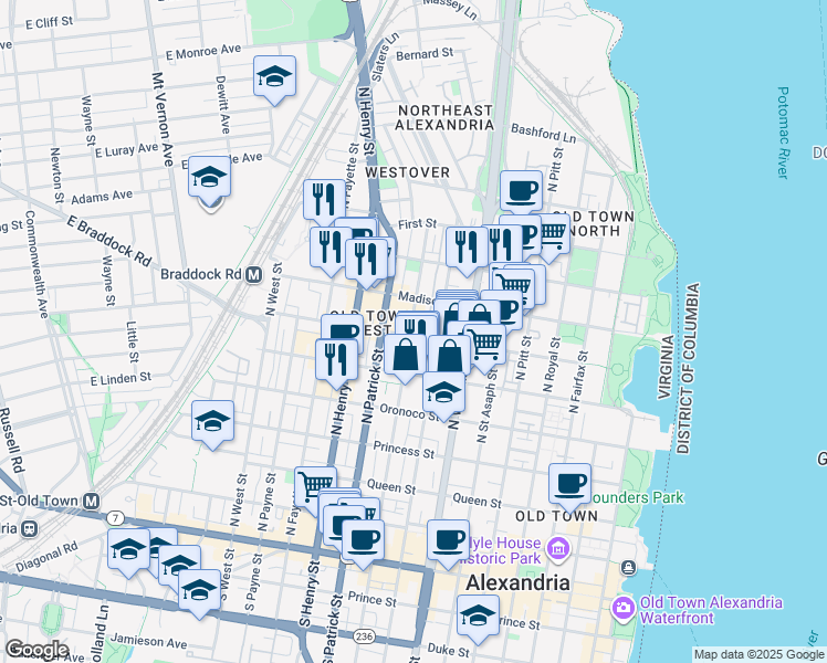 map of restaurants, bars, coffee shops, grocery stores, and more near 701 North Alfred Street in Alexandria