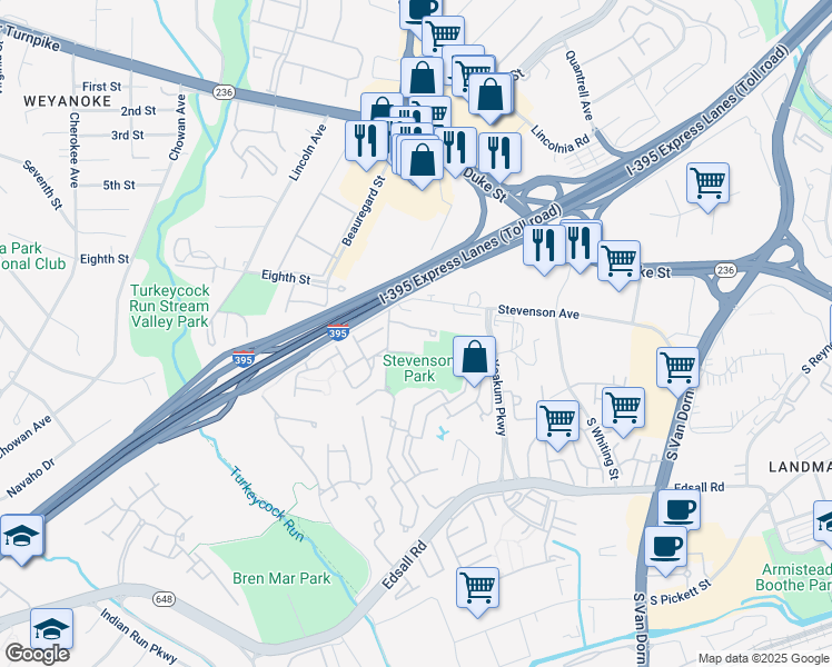 map of restaurants, bars, coffee shops, grocery stores, and more near 276 Stevenson Square in Alexandria