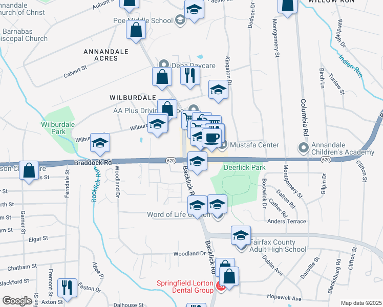 map of restaurants, bars, coffee shops, grocery stores, and more near 6950 Braddock Road in Annandale
