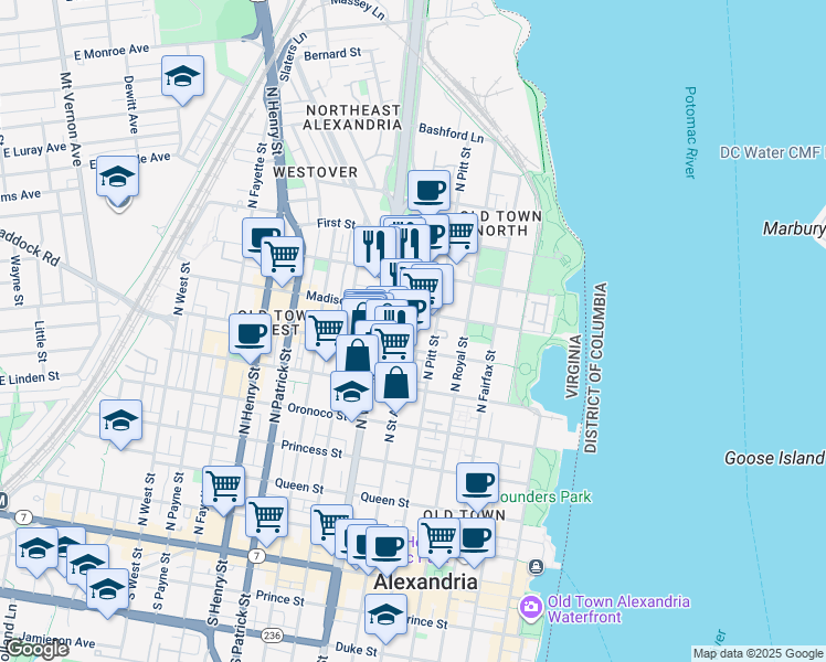 map of restaurants, bars, coffee shops, grocery stores, and more near 500 Madison Street in Alexandria