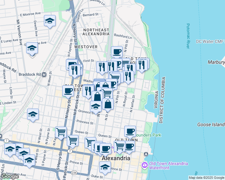 map of restaurants, bars, coffee shops, grocery stores, and more near 500 Madison Street in Alexandria
