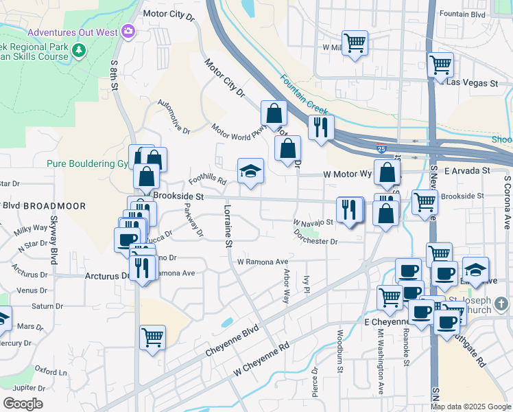 map of restaurants, bars, coffee shops, grocery stores, and more near 1504 Crestone Avenue in Colorado Springs