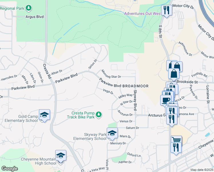 map of restaurants, bars, coffee shops, grocery stores, and more near 1112 Parkview Boulevard in Colorado Springs