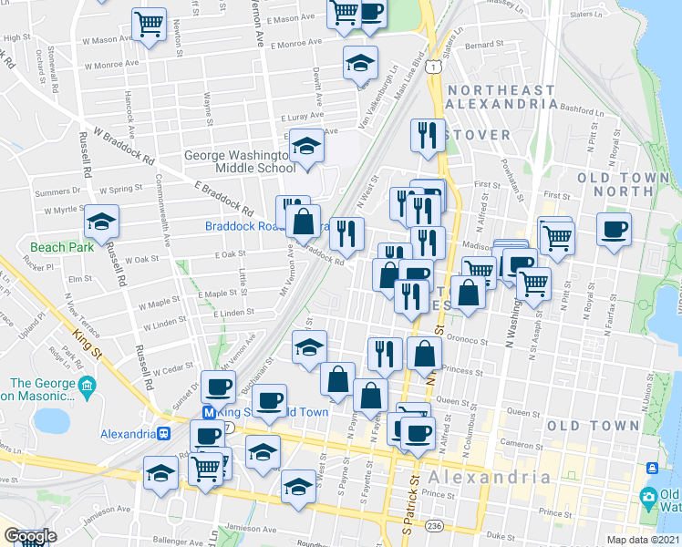 map of restaurants, bars, coffee shops, grocery stores, and more near 555 East Braddock Road in Alexandria