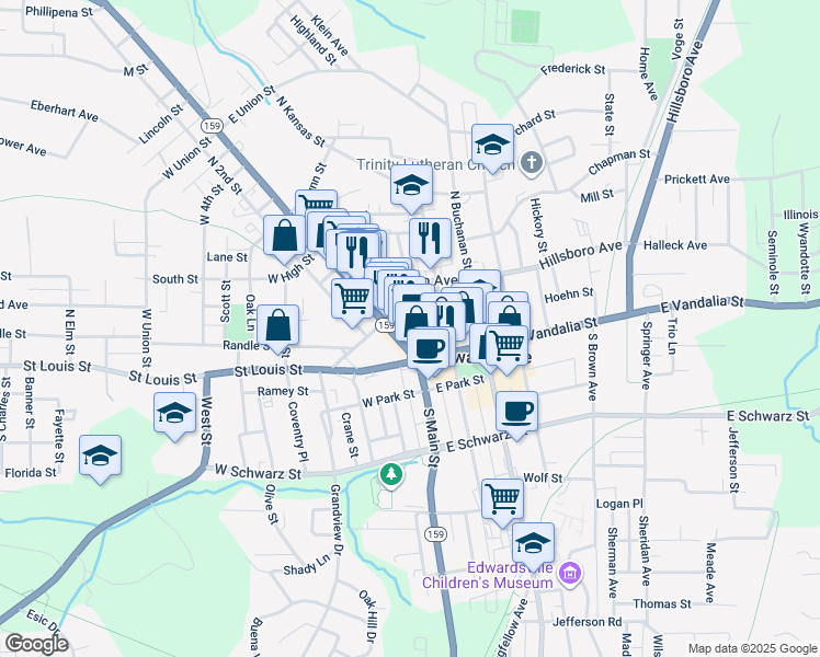 map of restaurants, bars, coffee shops, grocery stores, and more near 140-A North Main Street in Edwardsville
