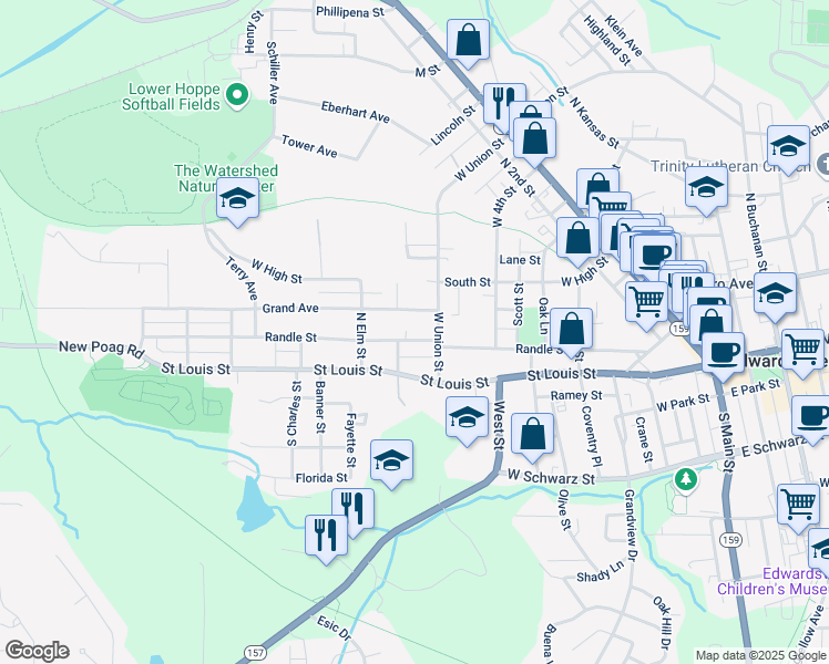 map of restaurants, bars, coffee shops, grocery stores, and more near 810 Grand Avenue in Edwardsville