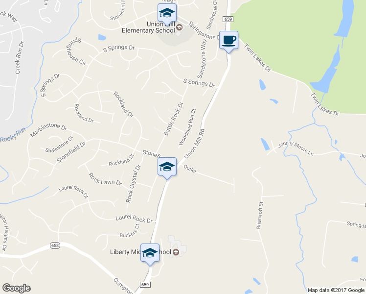 map of restaurants, bars, coffee shops, grocery stores, and more near 6417 Woodland Run Court in Clifton