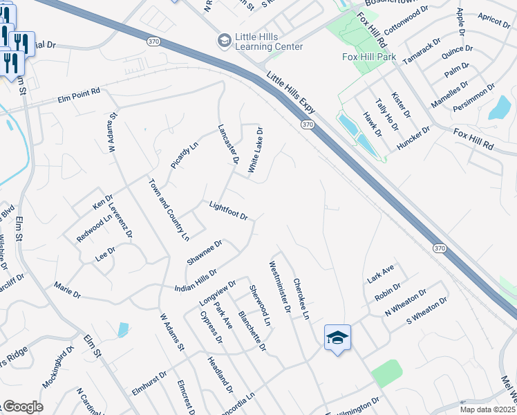 map of restaurants, bars, coffee shops, grocery stores, and more near 1009 Indian Hills Drive in Saint Charles