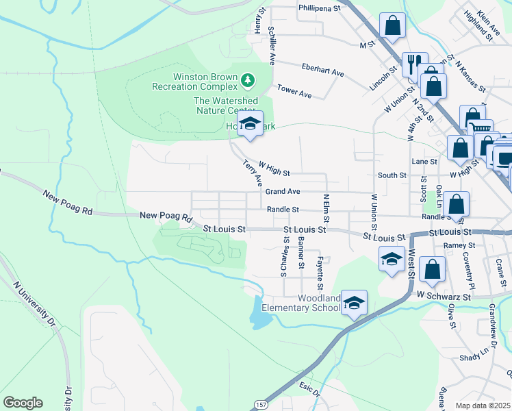 map of restaurants, bars, coffee shops, grocery stores, and more near 1231 Randle Street in Edwardsville